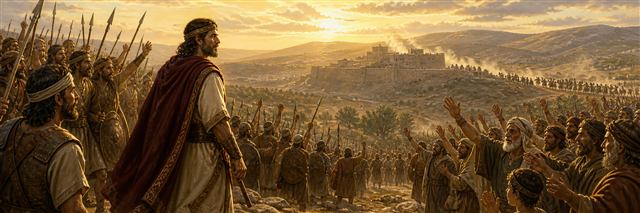 Saul leading united Israelites toward the rescued city of Jabesh-gilead
